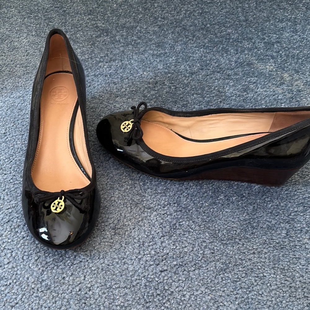 Tory Burch Black Patent Leather Wedge Shoes